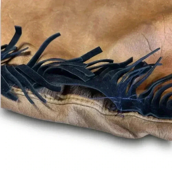 Vintage Western Brown Leather Pants Handmade Black Fringe 6P Straight Leg Chic - Picture 8 of 15